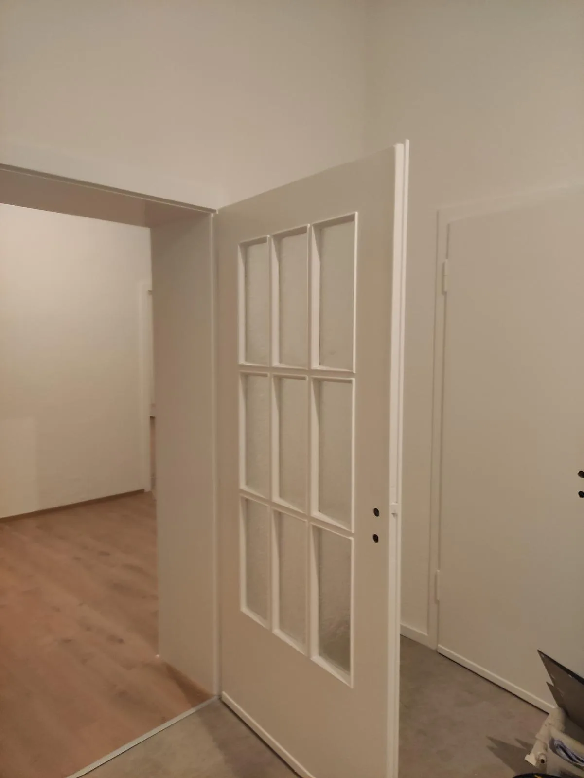 Weiße Glastüren in renoviertem Wohnraum