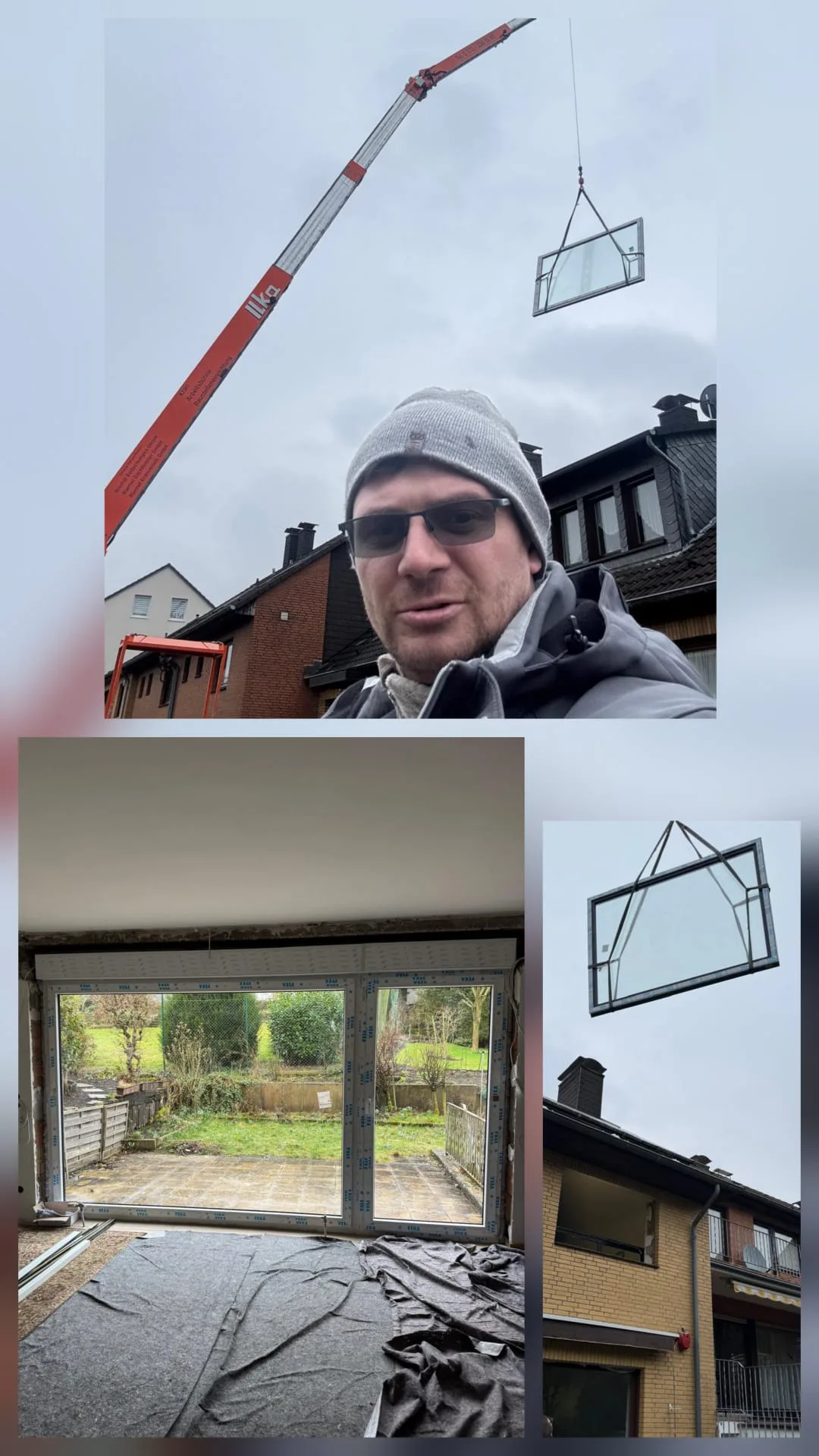 Fenstermontage mit einem neuen Fenster, das mithilfe eines Krans installiert wird