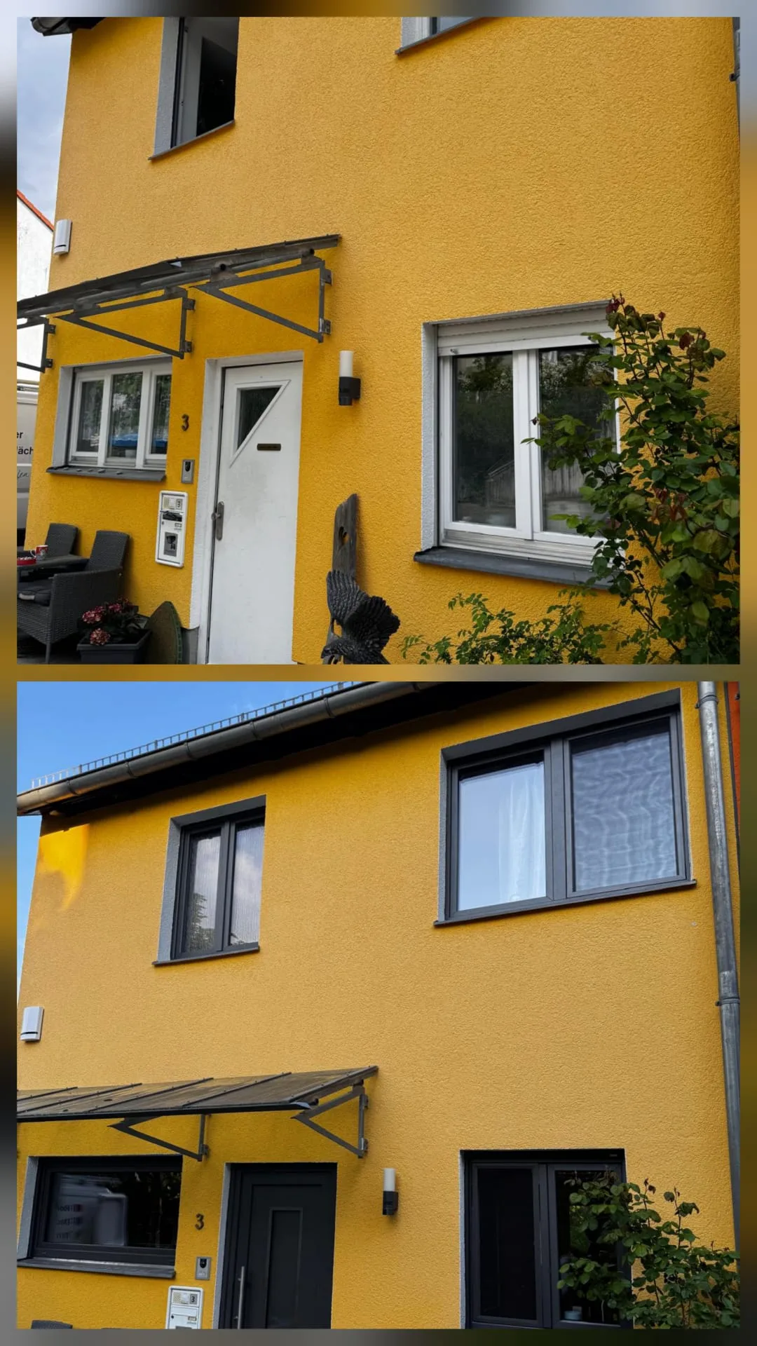 Ansicht eines Hauses mit Fenstermontage und neuen Haustüren in gelber Fassade