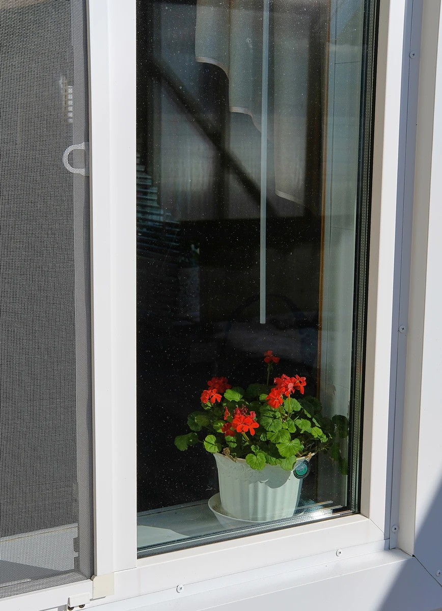 Ein Fenster mit einem Blumentopf mit roten Blumen im Innenausbau