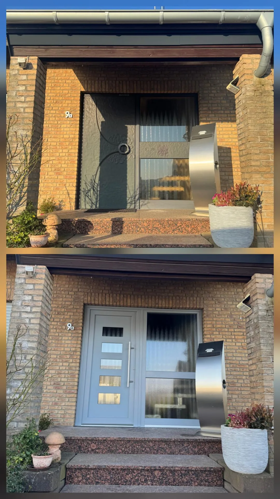Moderne Haustür und Eingang mit Pflanzkübeln und Treppenbereich