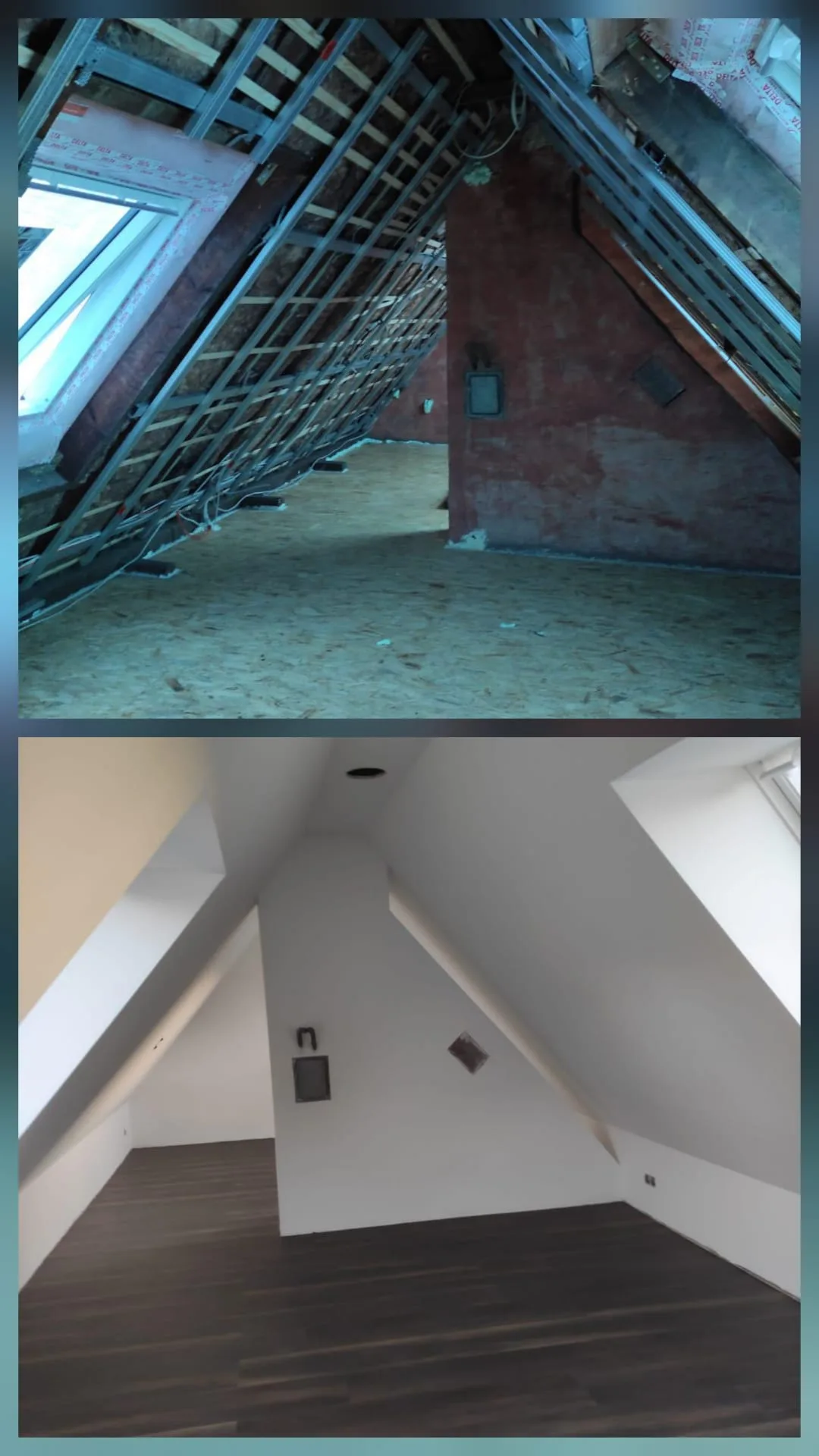 Innenausbau eines Dachraums mit Holzstruktur und nach Renovierung