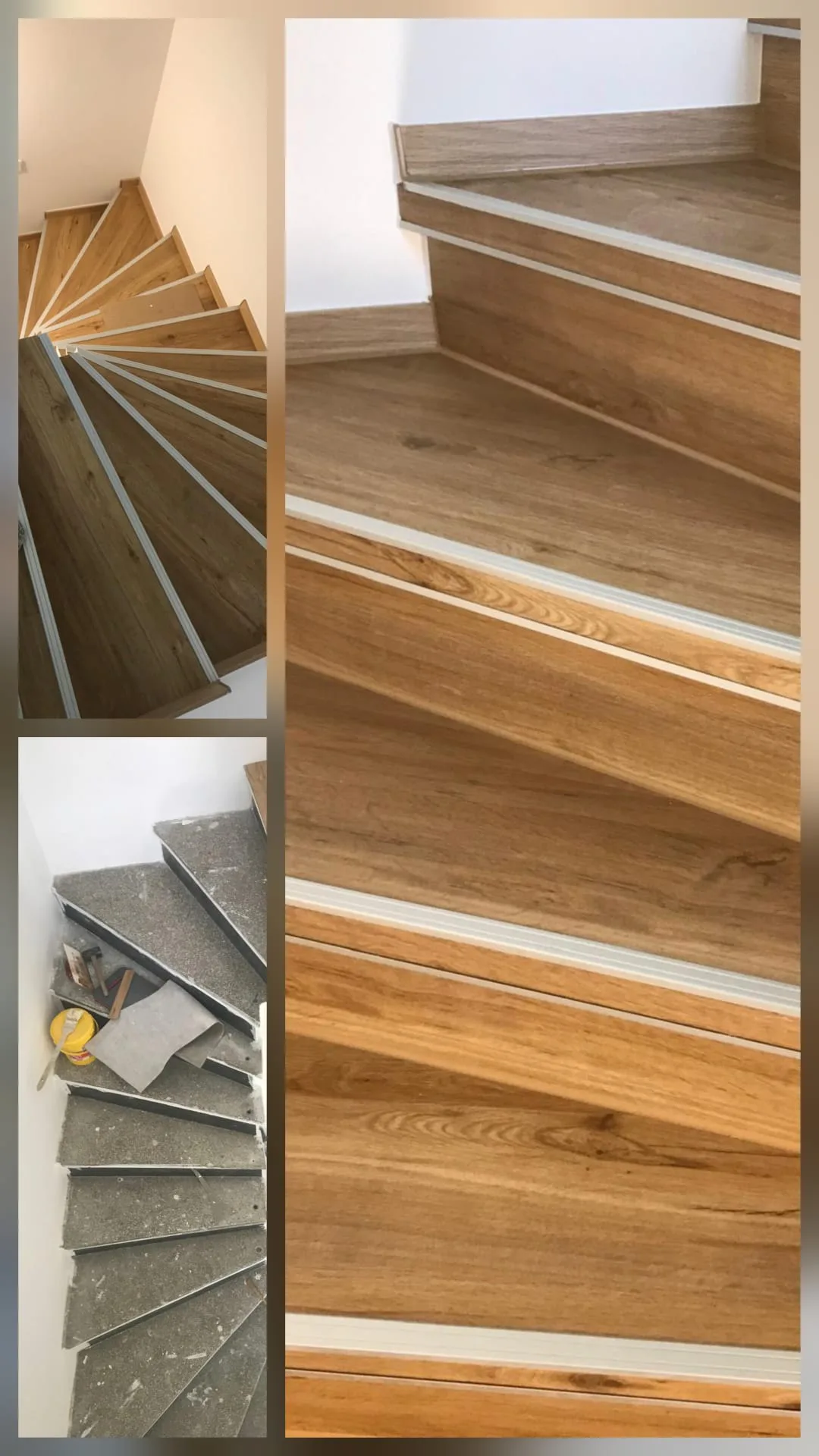 Blick auf eine Treppe mit Holzstufen und Montagearbeiten