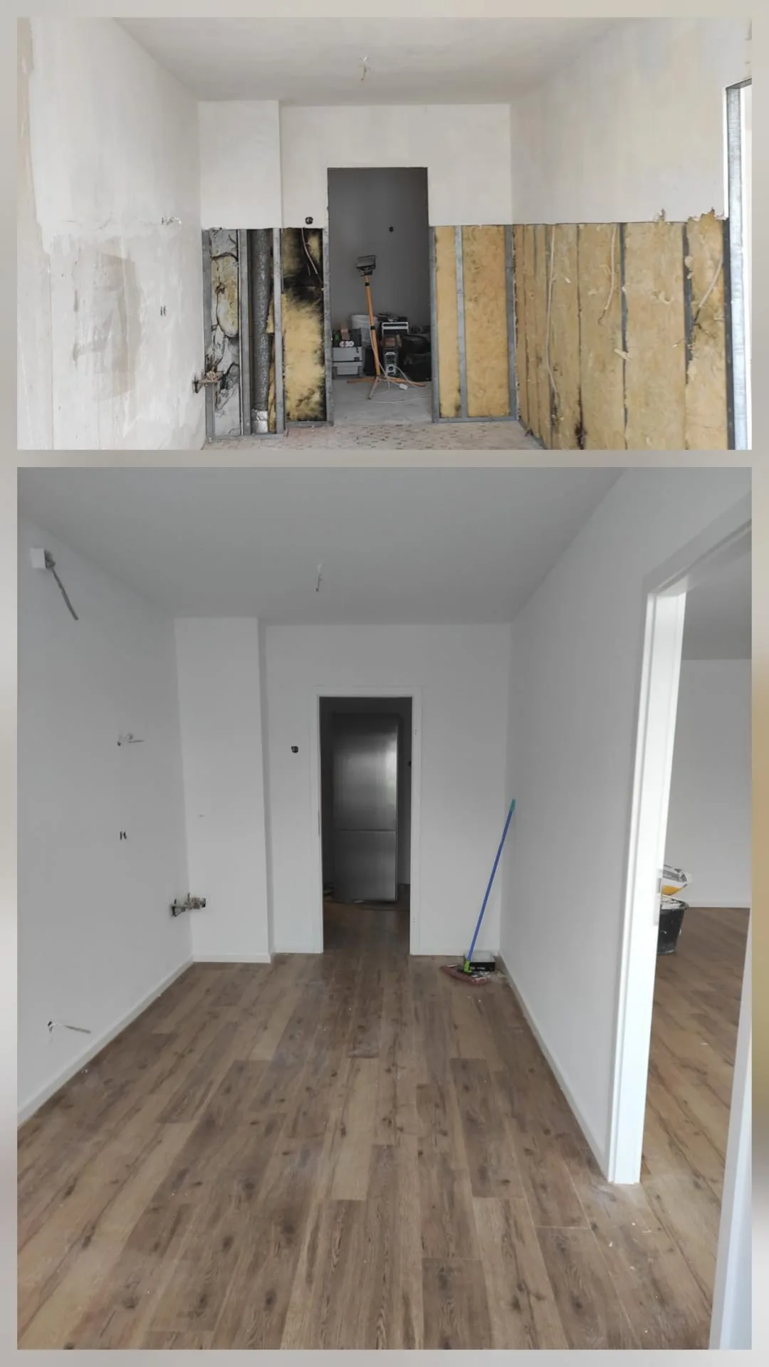 Innenausbau mit frischen Wänden und neuem Fußboden in einem Renovierungsprojekt