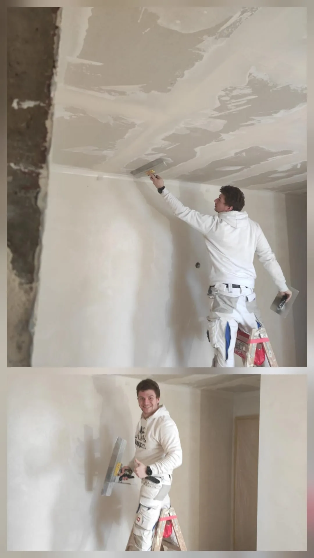 Ein Arbeiter verputzt die Decke in einem renovierten Raum