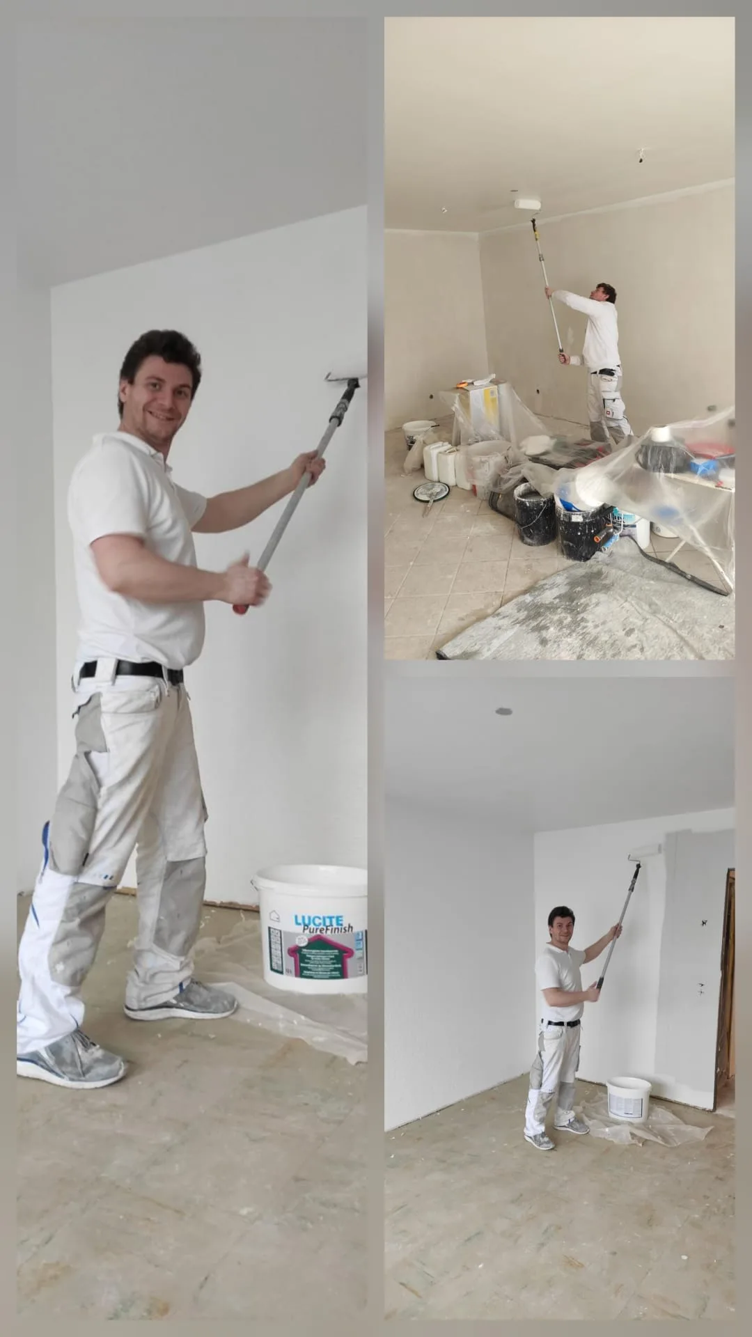 Ein Handwerker streicht eine Wand mit einer Rolle in einem renovierten Raum